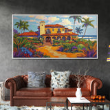 Tropical Villa, Palm Trees, Coastal, Framed Canvas Print, Spanish beach house art perfect Dining Room Wall Art or Vacation Home Decor