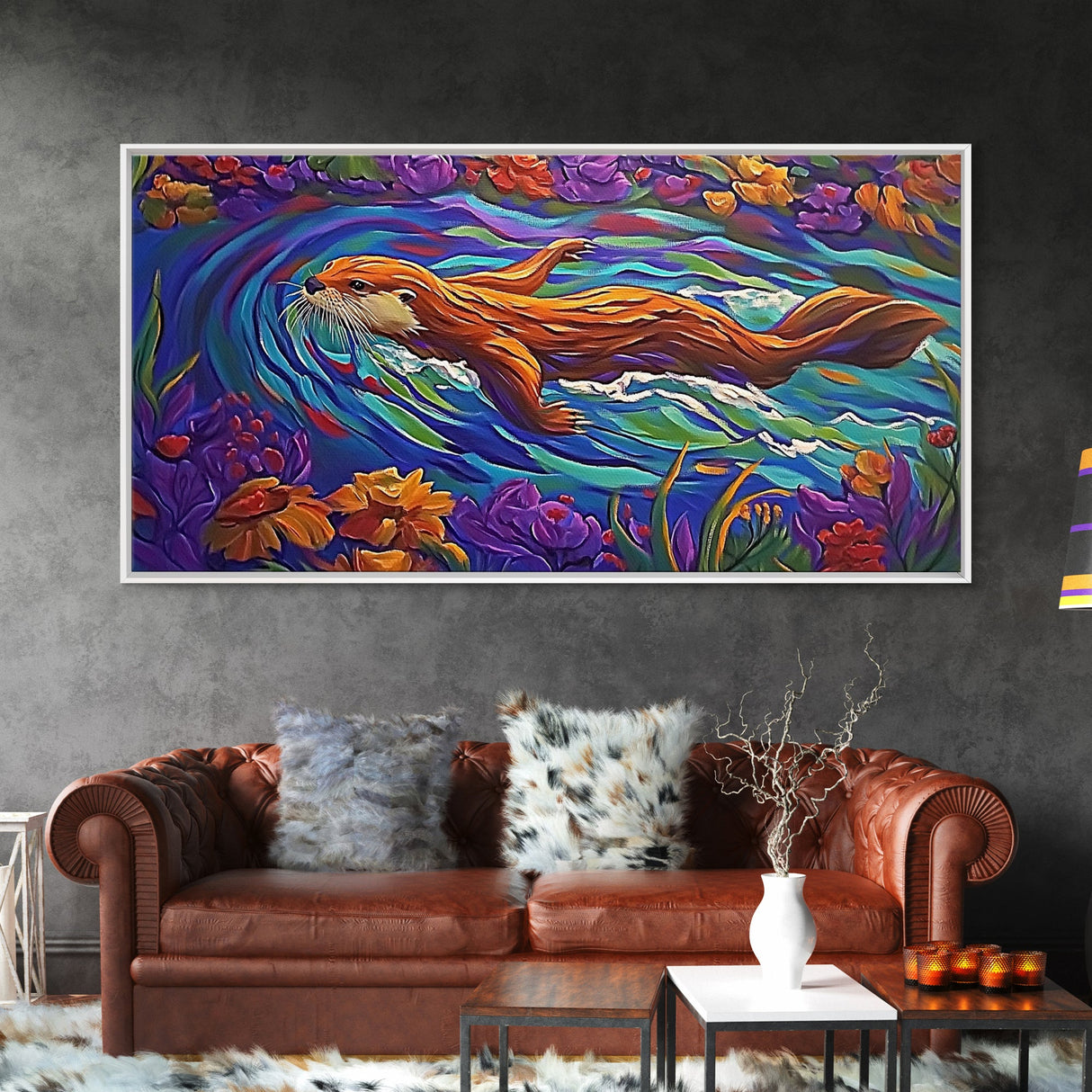 Otter River, Flowers, Playful, Framed Canvas Print, whimsical animal wall art, nursery decor, boho kids room artwork, cheerful vibe