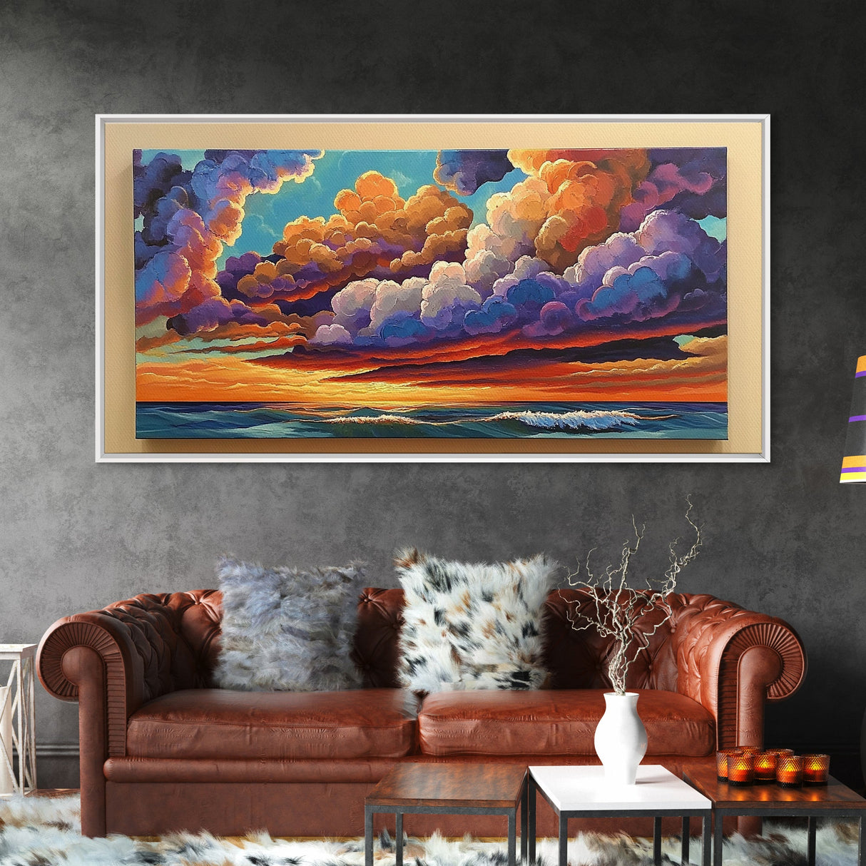 Sunset Sky, Ocean, Dreamscape, Canvas Print, colorful wall art, dreamy cloudscape, living room decor, vibrant fantasy atmosphere