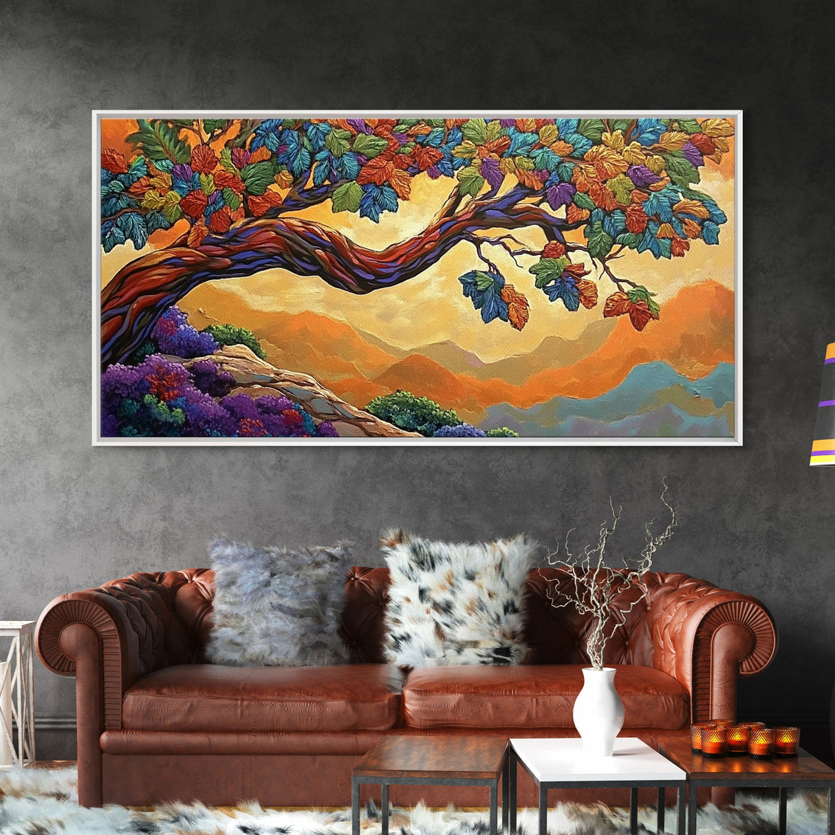 Tree Autumn, Leaves, Branches, Framed Canvas Print, foliage fall decor, mountain wall art, boho style living room, nature painting