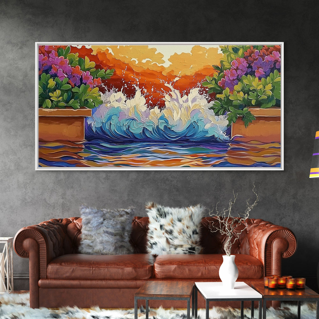 Splash Ocean, Garden, Patio, Canvas Print, bold wave crashing, vibrant tropical garden wall art, outdoor decor, boho coastal style