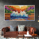 Splash Ocean, Garden, Patio, Canvas Print, bold wave crashing, vibrant tropical garden wall art, outdoor decor, boho coastal style