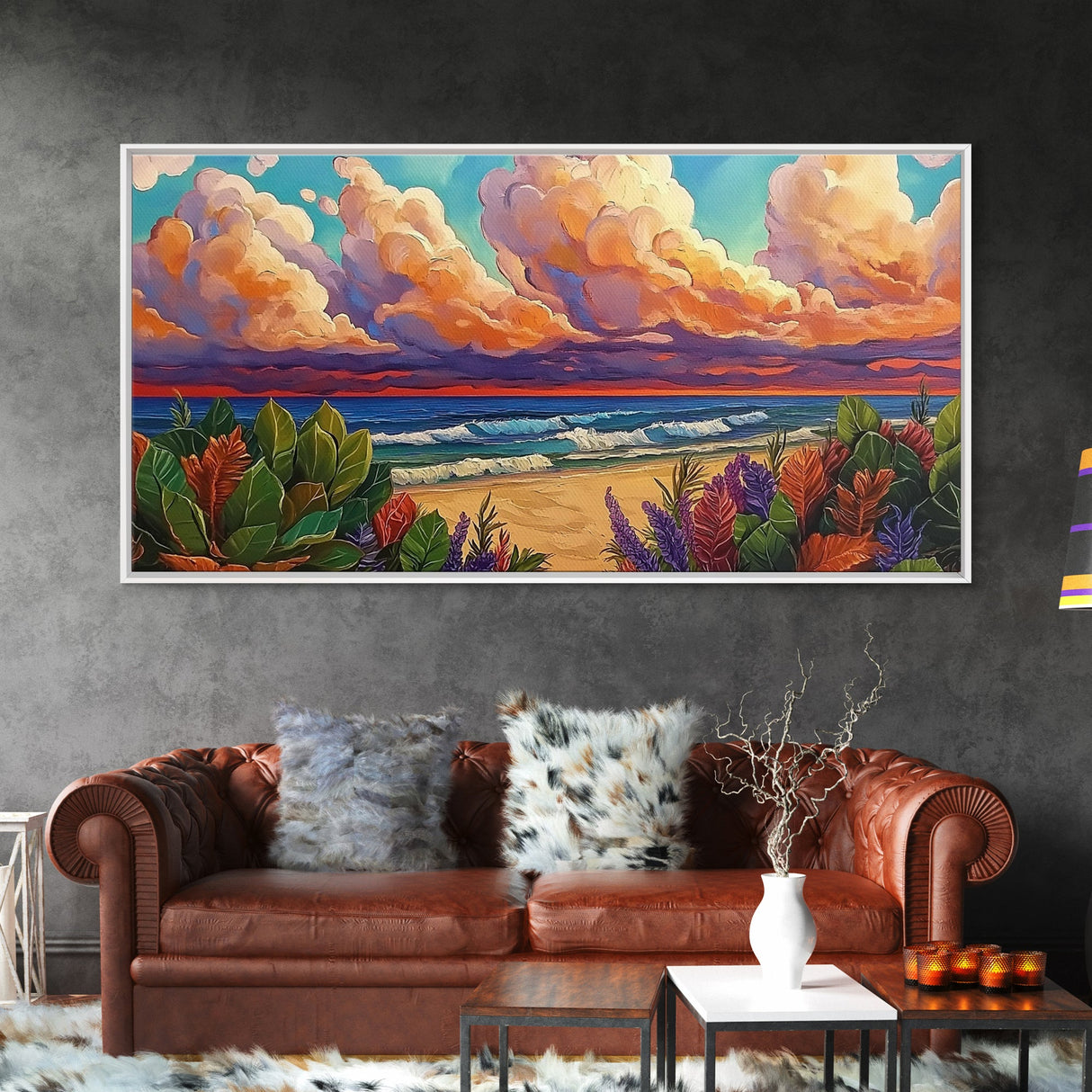 Tropical Beach, Clouds, Canvas Print, Colorful coastal beach artwork with dramatic clouds and waves, Bathroom Wall Art, coastal style