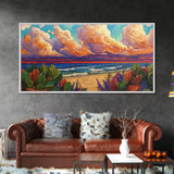 Tropical Beach, Clouds, Canvas Print, Colorful coastal beach artwork with dramatic clouds and waves, Bathroom Wall Art, coastal style