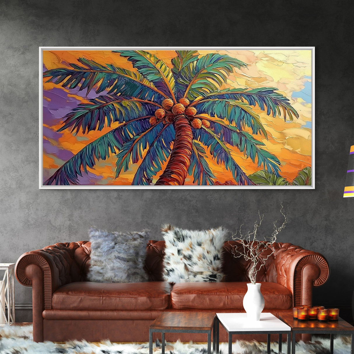 Palm Tree Sunset, Tropical, Framed Canvas Print, Bold colorful palm tree art in sunset sky, great Summer Beach Wall Art, tropical decor