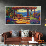 Garden Ocean View, Terrace, Framed Canvas Print, Serene garden bench by the ocean with colorful flowers, perfect Living Room Wall Art