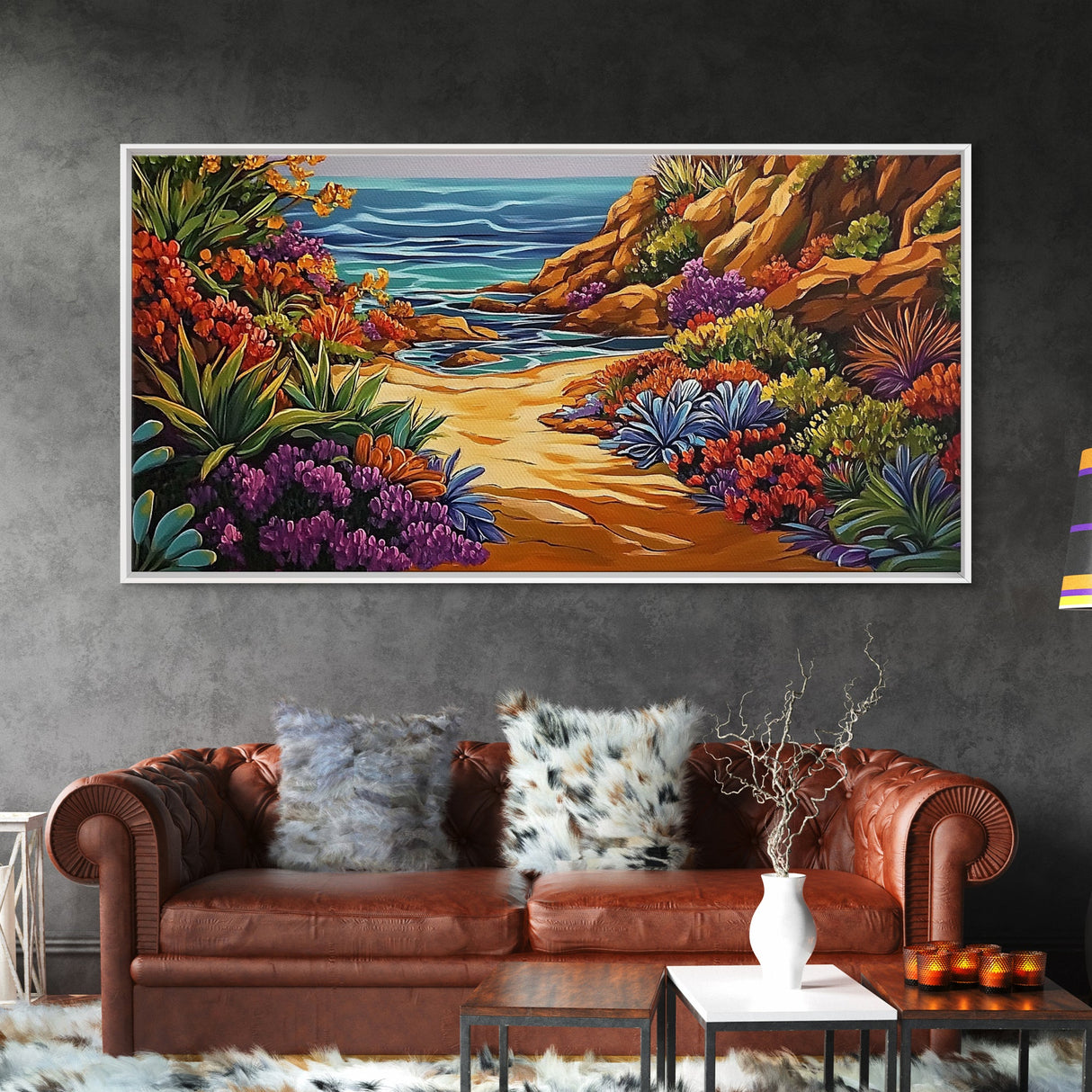 Colorful Beach, Pathway, Painting, Framed Canvas Print vibrant coastal trail wall decor, tropical beach boho art, hallway accent