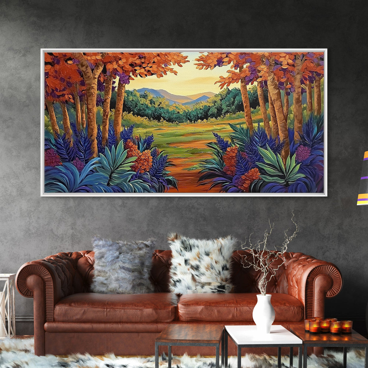 Forest Fall, Colorful, Leaves, Framed Canvas Print bold woodland foliage design, vibrant autumn landscape art, hallway wall accent