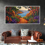 Trail Trees, Ocean, Bright, Framed Canvas Print vibrant nature path artwork, coastal forest boho art, kitchen wall decor