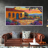 House Sunset, Garden, Southwest, Framed Canvas Print warm adobe home wall art, colorful southwestern sunset print, cozy kitchen decor