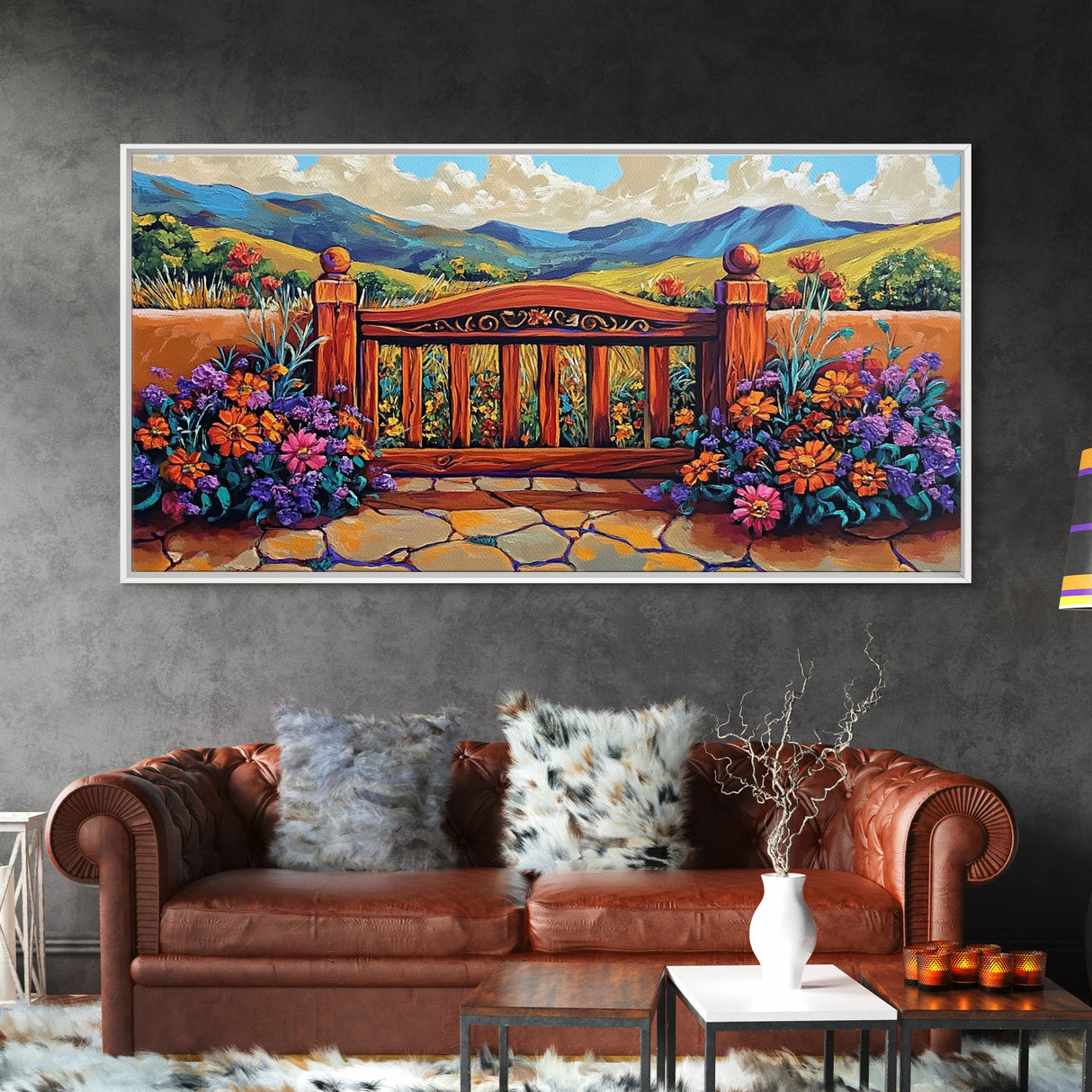 Gate Flowers, Mountains, Country, Framed Canvas Print rustic floral country gate art, bright farmhouse boho garden decor, patio print
