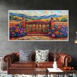 Gate Flowers, Mountains, Country, Framed Canvas Print rustic floral country gate art, bright farmhouse boho garden decor, patio print