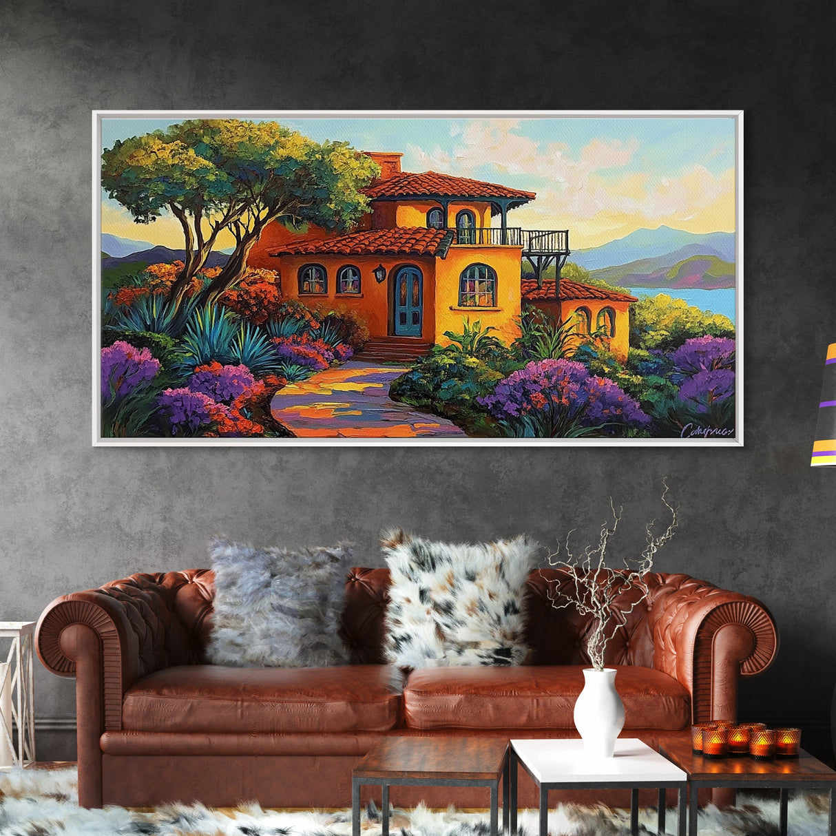 Villa Hillside, Coastal, Colorful, Framed Canvas Print Mediterranean house art, vibrant landscape painting, kitchen boho decor print