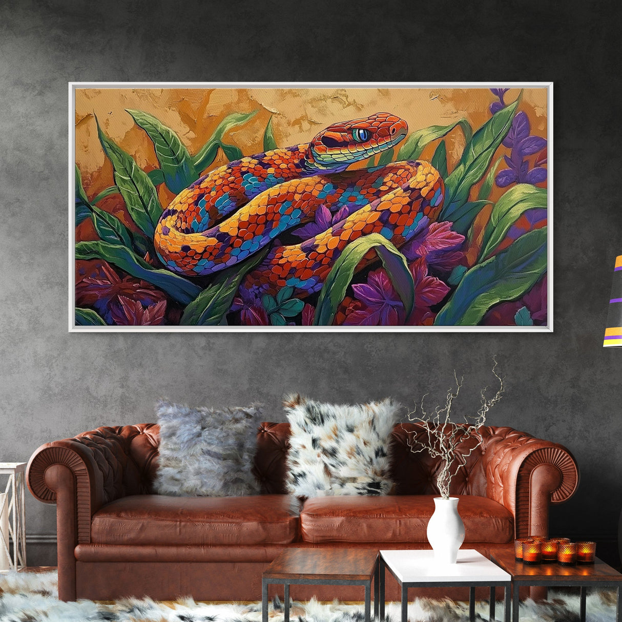 Colorful Snake, Nature, Framed Canvas Print, Jungle Reptile Wall Art, Tropical Home Decor, Bold Wildlife Art, Bedroom Accent, Boho Style