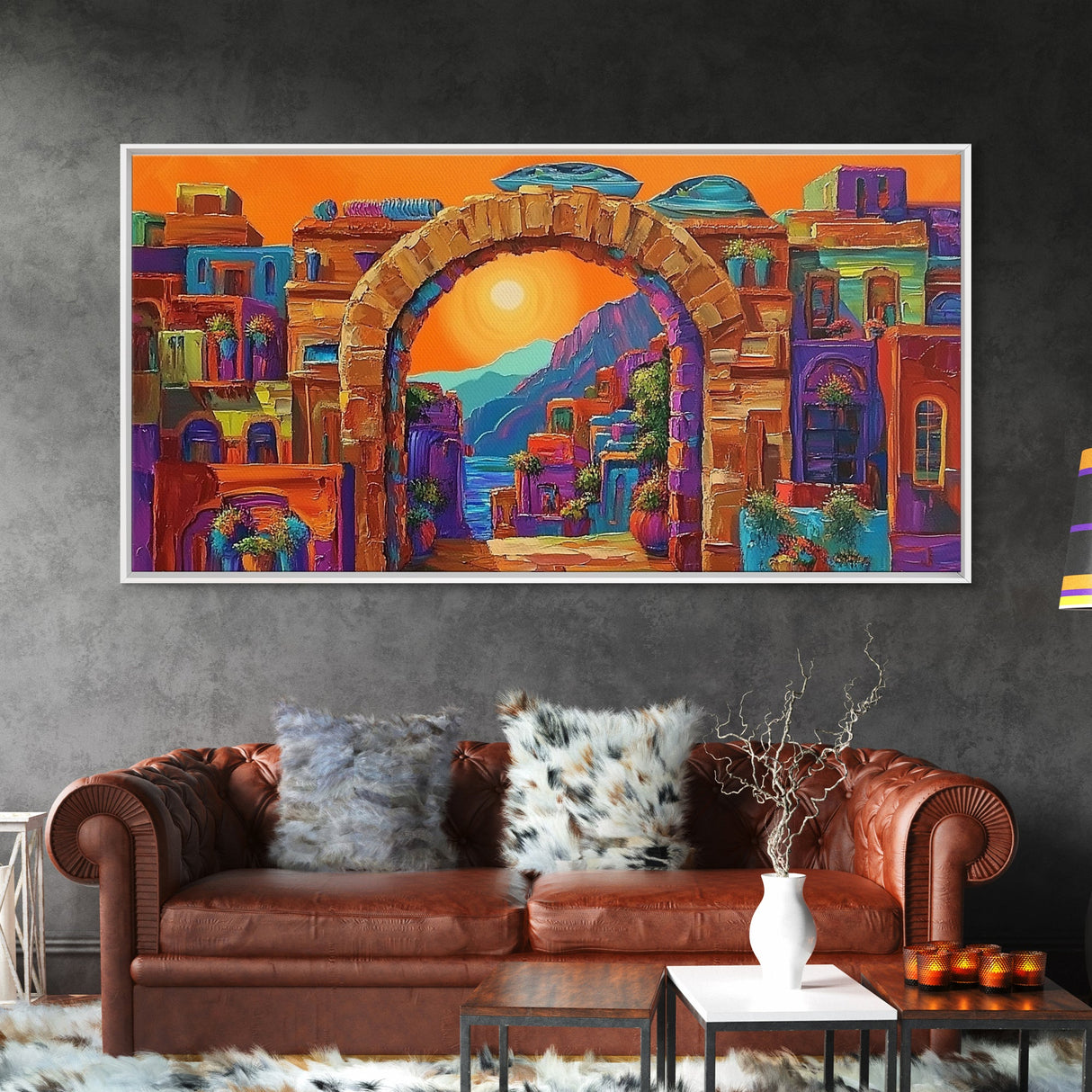 Arch Village, Sunset, Canvas Print, Mediterranean Town Wall Art, Colorful Travel Decor, Eclectic Living Room, Warm Sunset Vibe Art