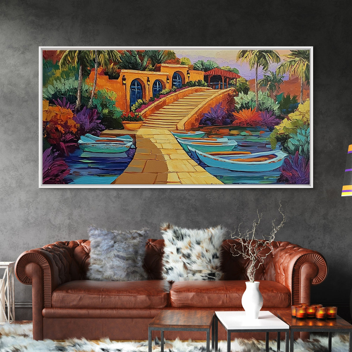 Tropical Boats, Colorful, Lagoon, Canvas Print, boats docked at tropical villa, Living Room Wall Art, vibrant coastal art, boho décor
