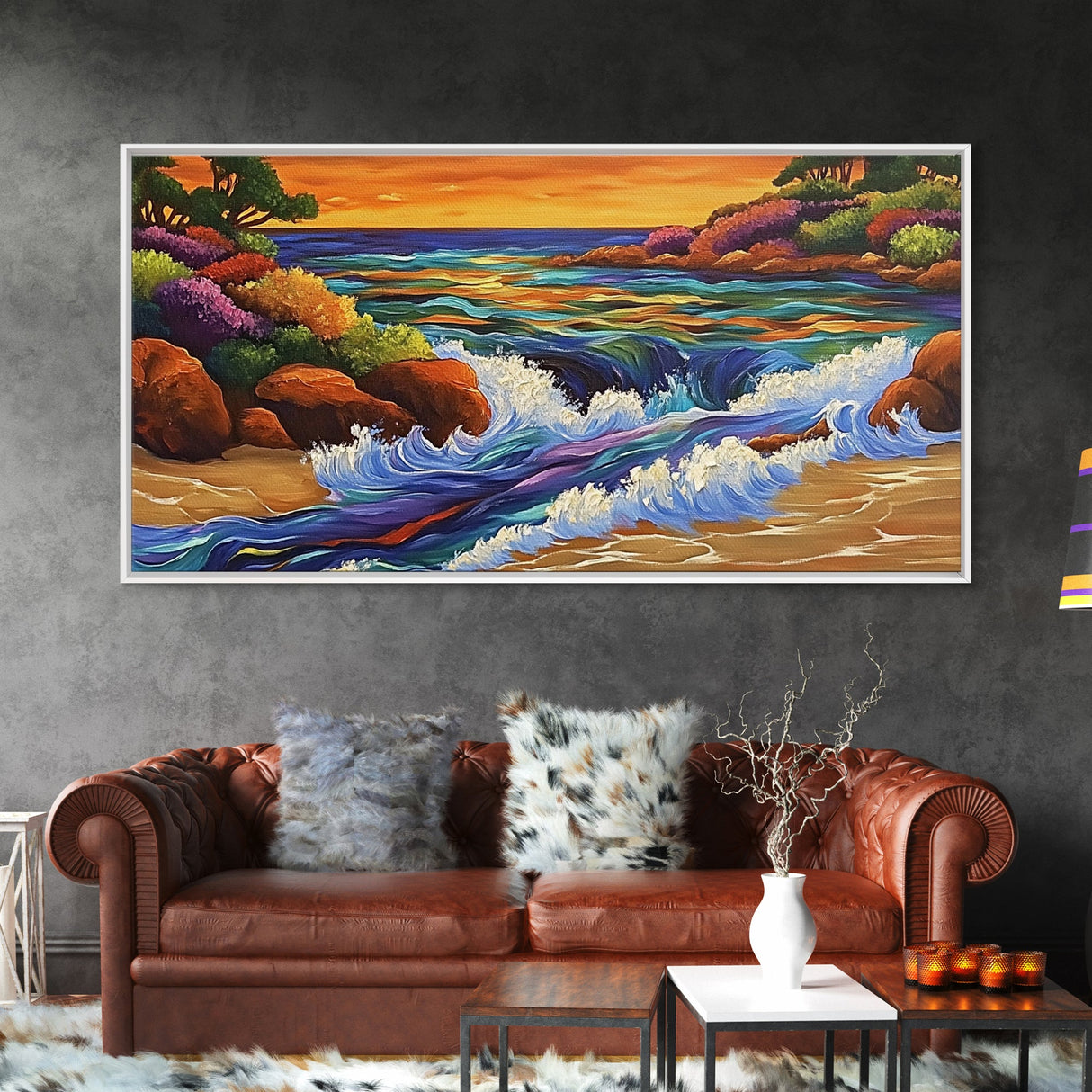 Coastal Stream, Sunset Shore, Nature Escape, Canvas Print, Tropical Landscape Wall Art, Vibrant Living Room or Office Decor