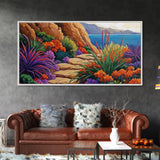 Floral Path, Coastal Trail, Ocean View, Framed Canvas Print, Bright Nature Wall Art, Vibrant Hallway or Kitchen Boho Decor