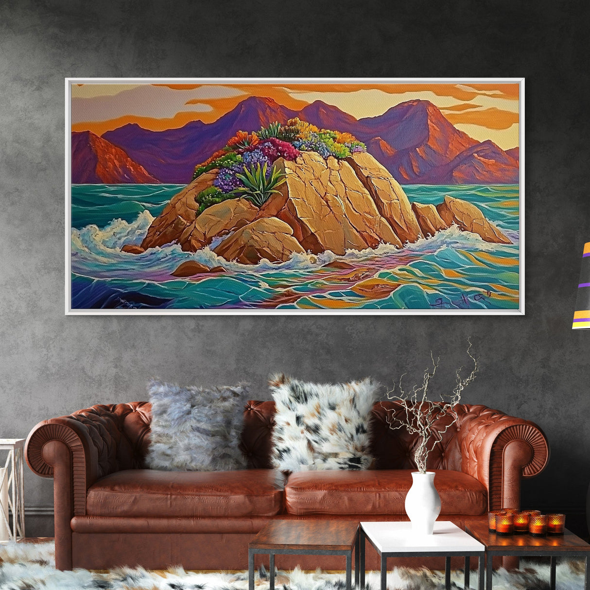 Island Sunset, Coastal Flowers, Ocean Rocks, Framed Canvas Print, Tropical Landscape Wall Art, Colorful Living Room Art, Entryway Decor