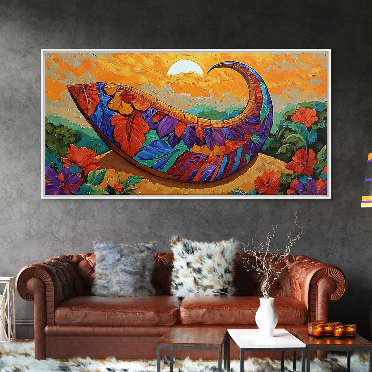 Harvest Sunset, Cornucopia, Floral, Framed Canvas Print Thanksgiving wall art, vibrant boho painting, Fall kitchen decor, rustic style