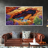 Desert Hidden, Oasis, Waterfall, Framed Canvas Print Nature-inspired boho landscape, colorful living room wall art, southwest decor