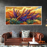 Lavender Bloom, Desert, Hillside, Framed Canvas Print Vibrant floral wall art, southwest boho style, Autumn art, hallway decor
