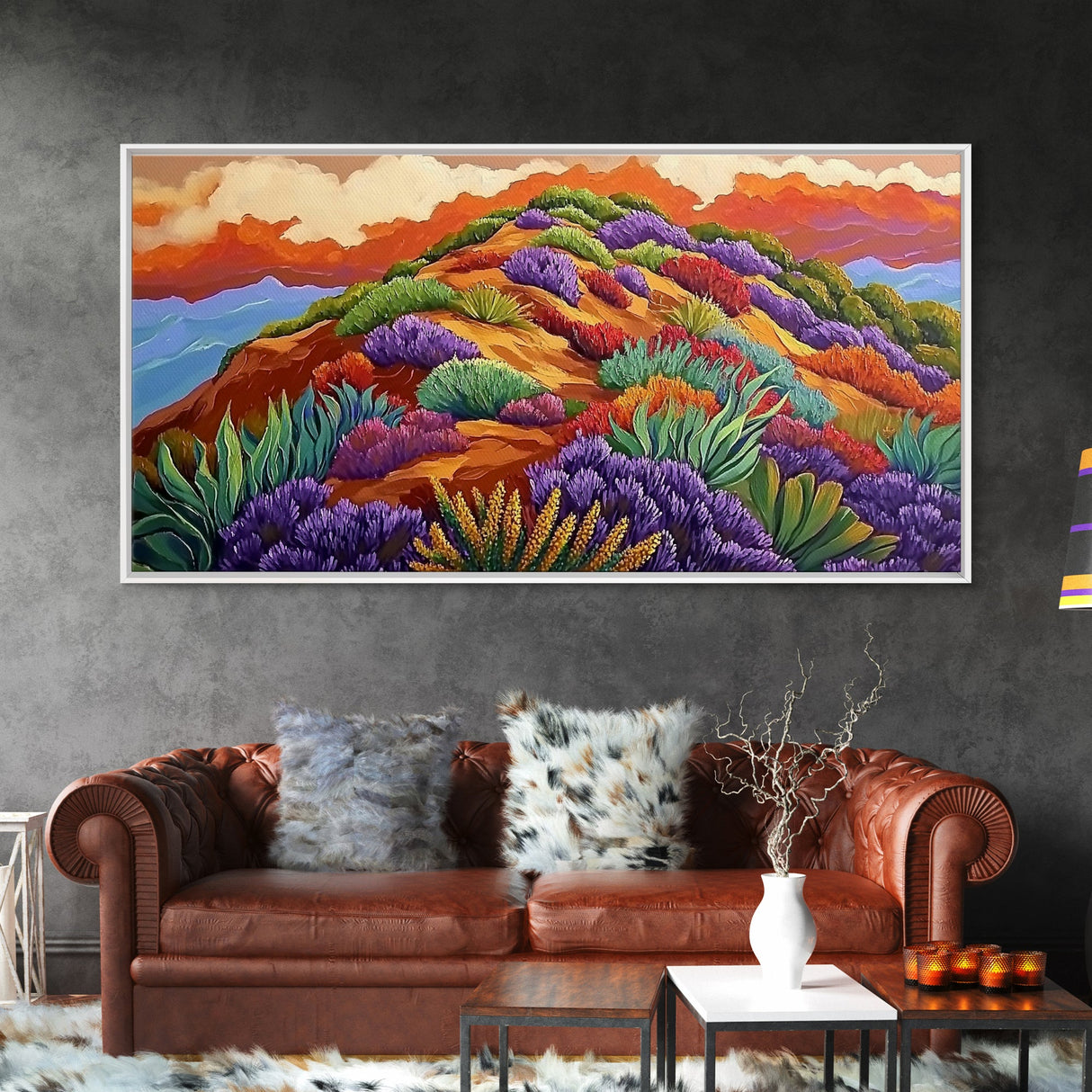 Wildflower Mountain, Sunrise, Hillside, Framed Canvas Print Bold desert landscape, colorful botanical art, boho Fall bedroom decor