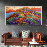 Wildflower Mountain, Sunrise, Hillside, Framed Canvas Print Bold desert landscape, colorful botanical art, boho Fall bedroom decor
