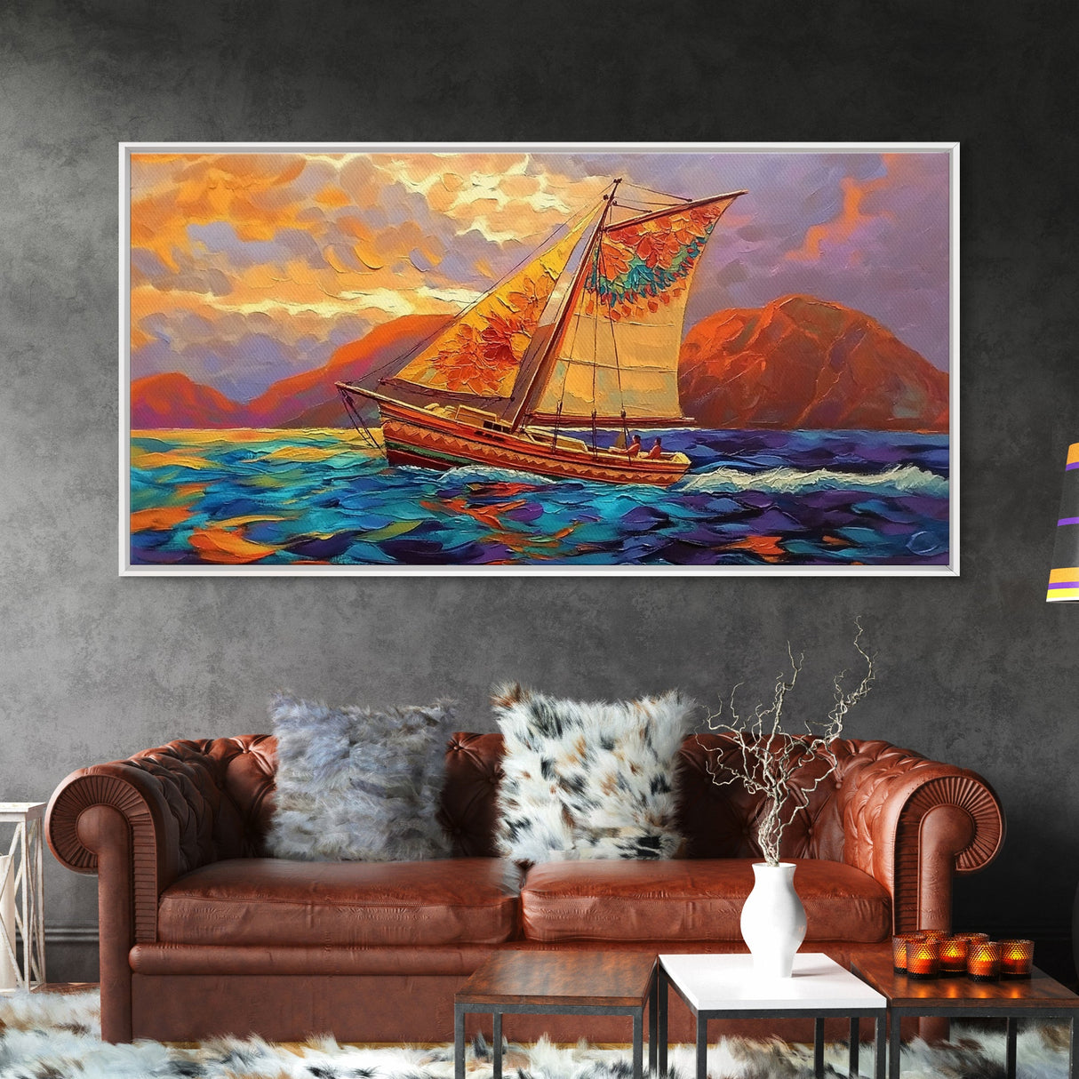 Sailboat Sunset, Ocean, Adventure, Framed Canvas Print Nautical coastal wall art, colorful seascape, bold living room decor