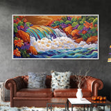 Rainbow, Waterfall, Jungle, Sunset, Framed Canvas Print Tropical boho art, bathroom art, living room decor, floral nature painting