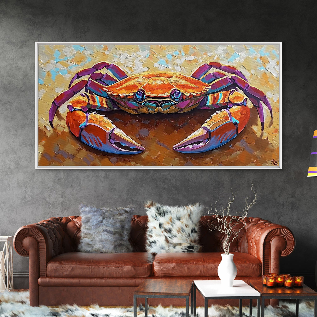 Crab Beach, Bold, Colorful, Coastal Sea Life Framed Canvas Print, Bathroom Wall Art, Nautical Art, Beach House Decor, Ocean Art