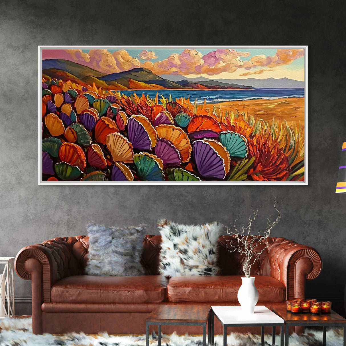 Beach Shells, Coastal, Colorful, Framed Canvas Print, tropical seashell wall art, beach boho decor, vibrant summer bathroom art