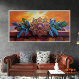 Mandala Sunset, Leaves, Ornament, Framed Canvas Print, spiritual boho wall decor, entryway wall art, zen home sacred symbol painting