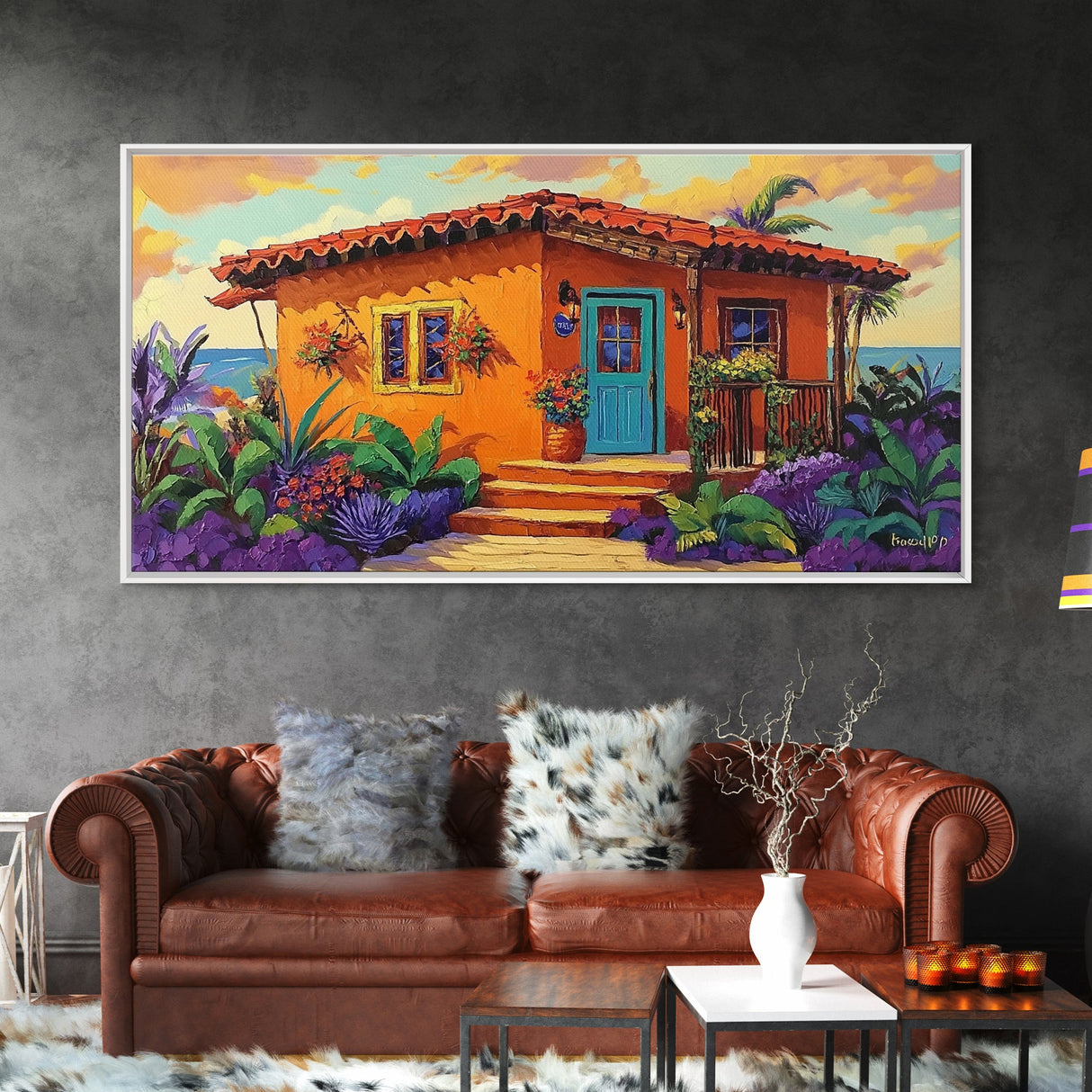 Casita Tropical, Sunset, Garden, Framed Canvas Print, Mexican villa painting, rustic kitchen decor, vibrant coastal house wall art