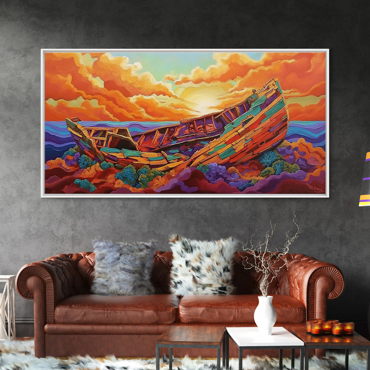 Shipwreck Sunset, Sea, Rustic, Framed Canvas Print, nautical fall coastal decor, beach cabin art, rustic ocean themed living room art