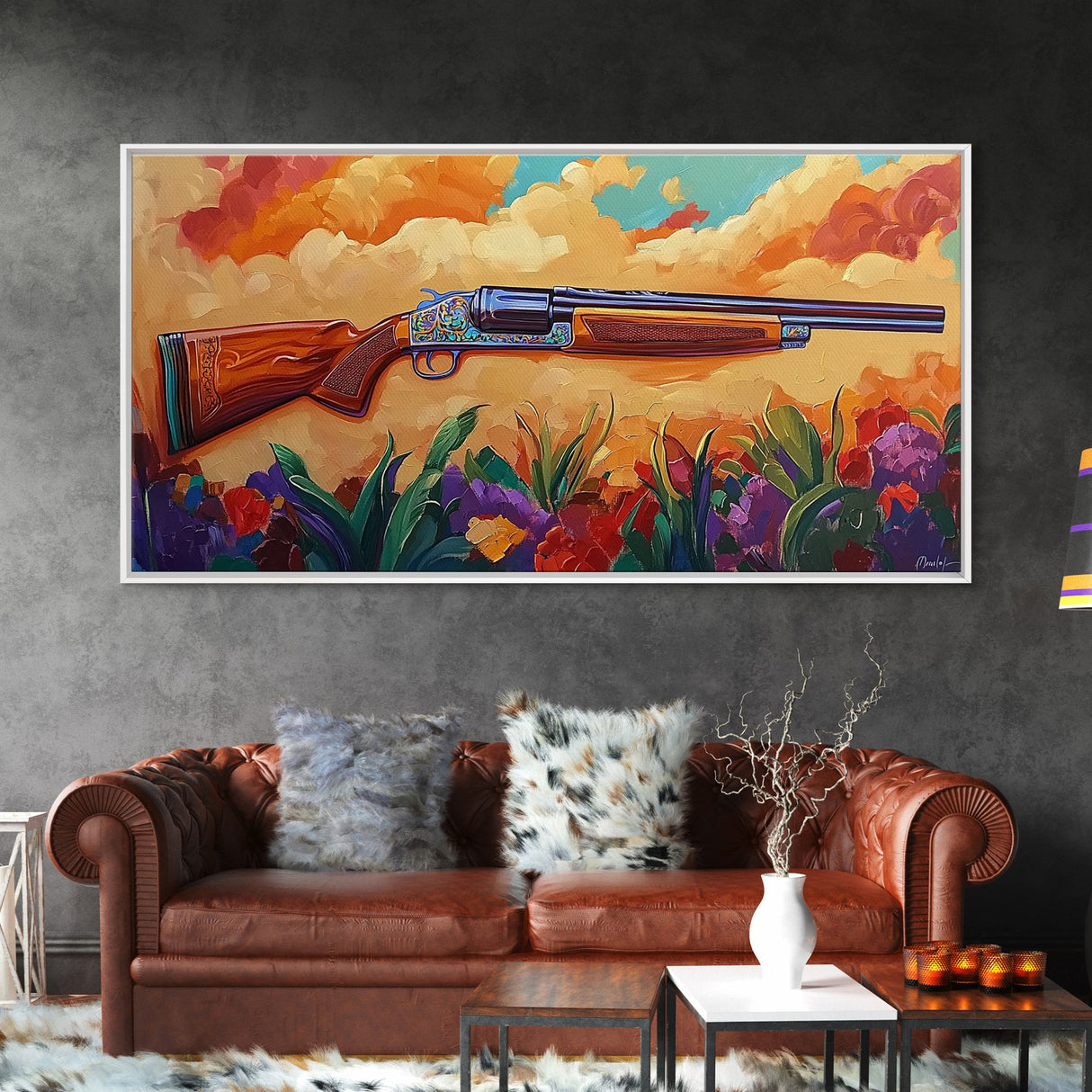 Shotgun Floral, Sunset, Western, Framed Canvas Print, rustic hunting cabin art, bold Americana decor, man cave or lodge wall print