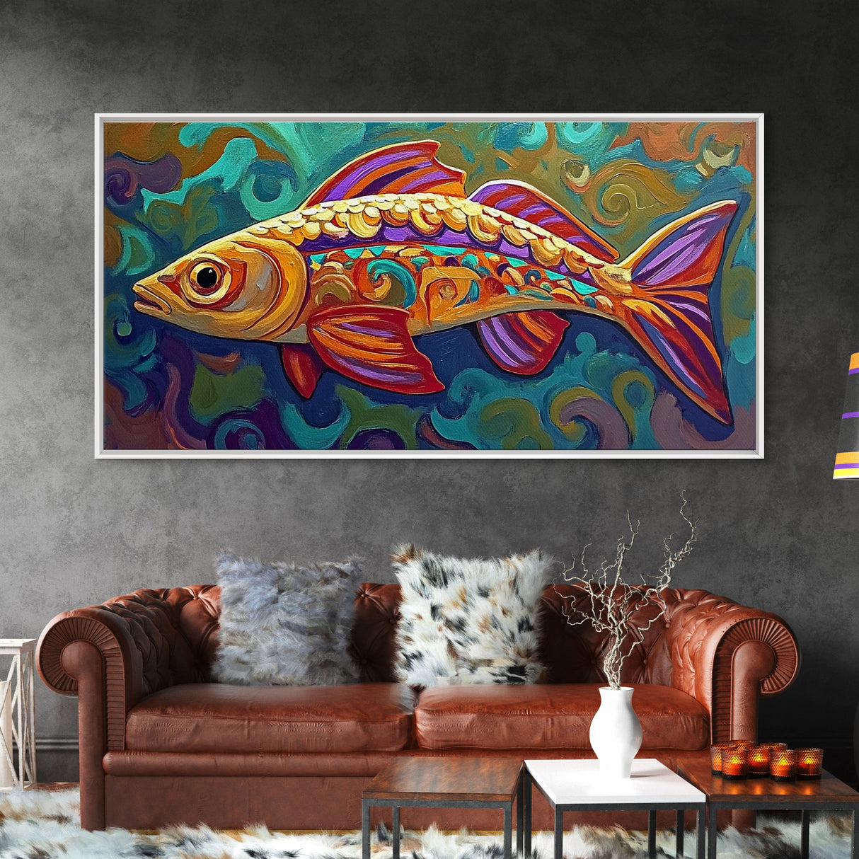 Colorful Fish, Wall, Art, Framed Canvas Print, Boho ocean wall decor, coastal bathroom wall art, whimsical undersea painting kitchen