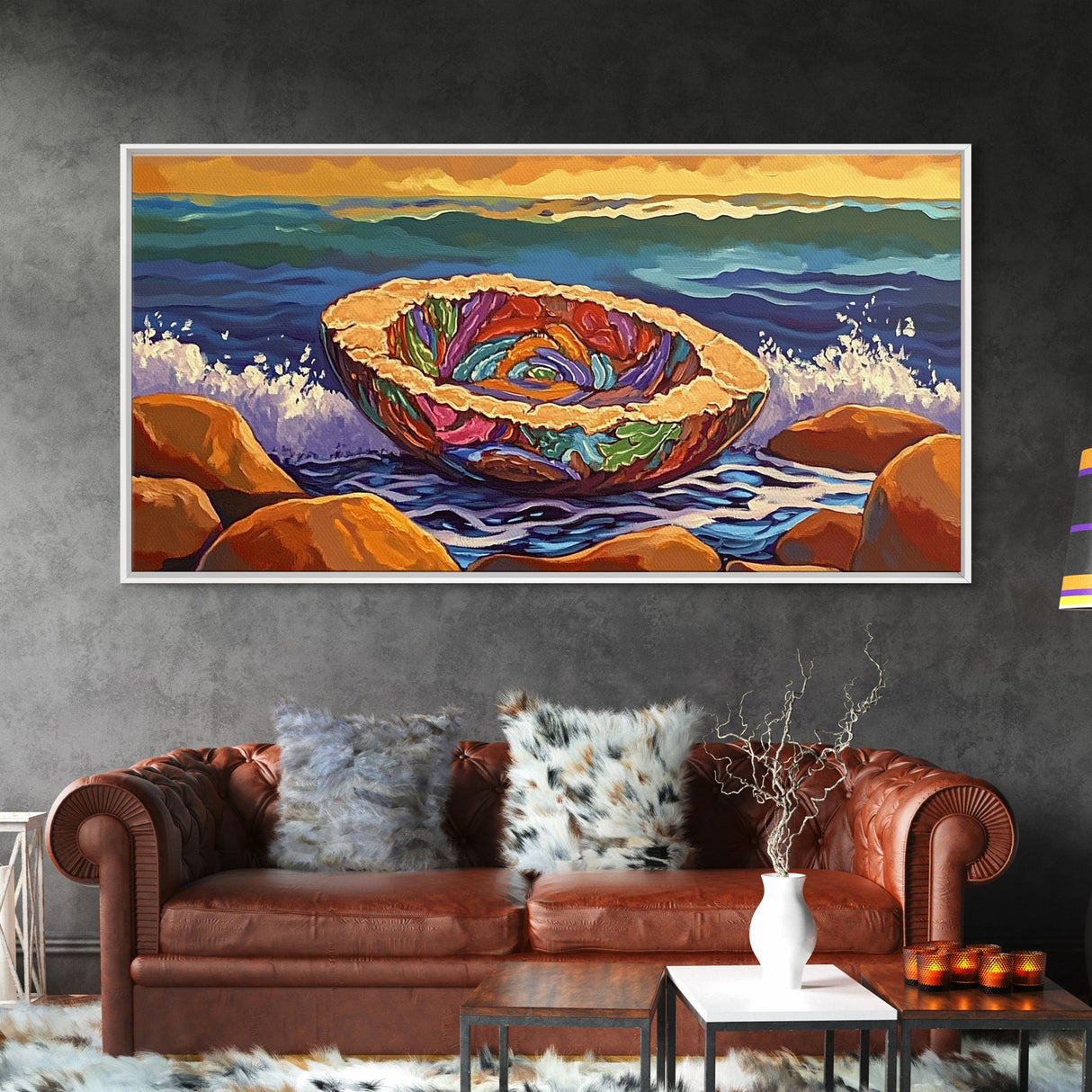 Pan Dulce, Ocean, Rocks, Sea, Canvas Print, Mexican sweet bread wall art, kitchen decor, dessert lover painting, bakery-inspired artwork