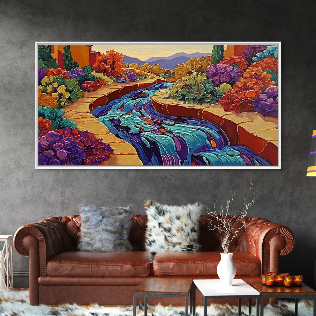 Stream Garden, Colorful, Path, Framed Canvas Print, Southwestern landscape art, bright garden painting, hallway decor, fall home vibe