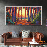Trees Forest, Ocean, Sunset, Coastal Forest Path Framed Canvas Print, Nature Lover Wall Art, Cabin Decor, Fall Living Room Art