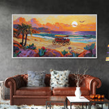 Horse Carriage, Sunset, Beach, Framed Canvas Print, coastal western art, rustic sunset scene, boho living room wall decor