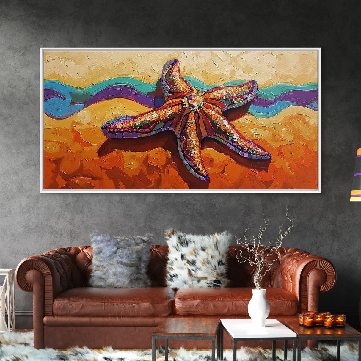 Starfish Beach, Colorful, Textured, Framed Canvas Print, coastal boho decor, ocean theme, beach house bathroom wall art