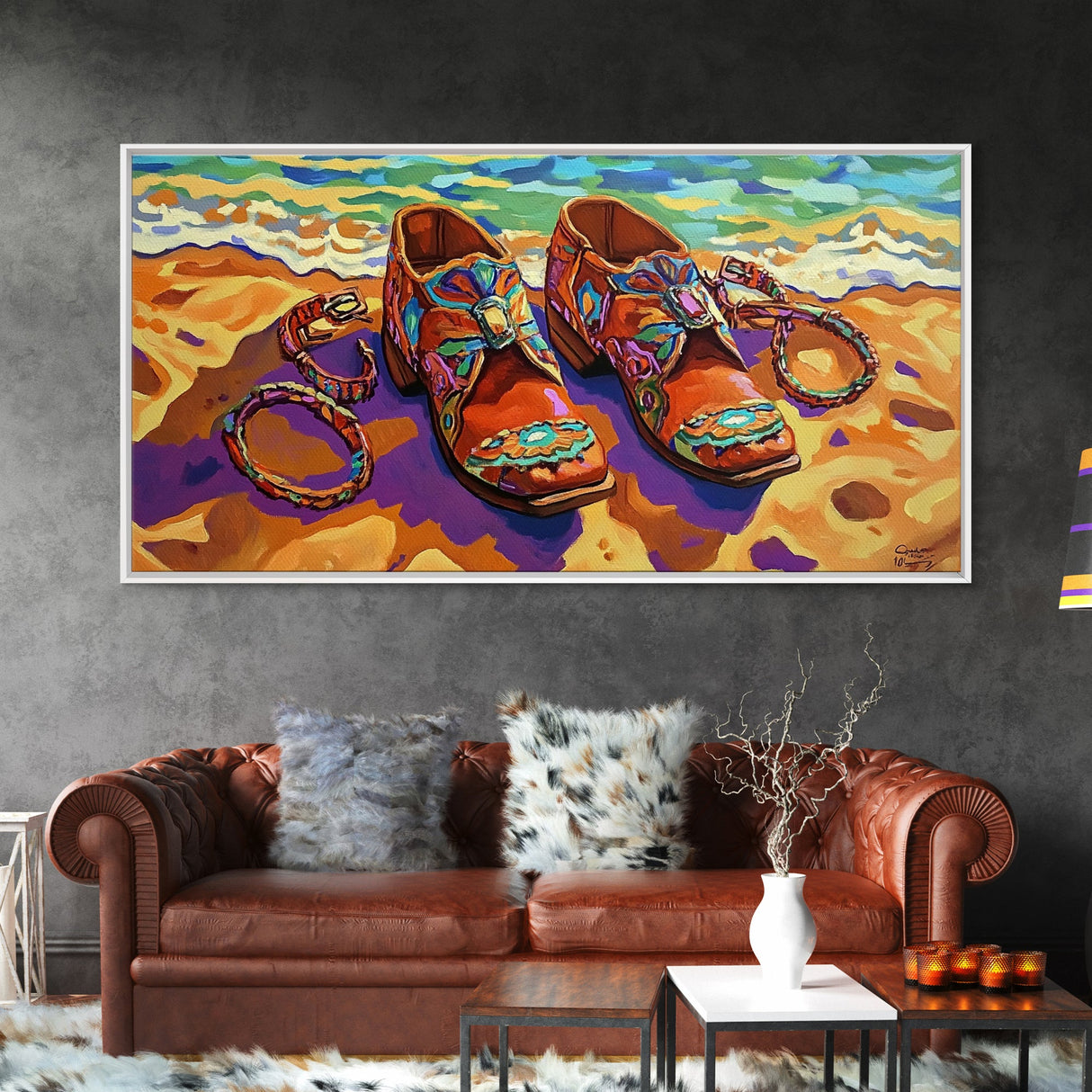 Shoes Beach, Jewelry, Colorful, Framed Canvas Print, southwest fashion art, boutique style, walk-in closet art, fashion studio wall art