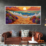 Beach Ocean, Sunrise, Coastal Path, Framed Canvas Print, Vibrant Seaside Art, Bathroom Wall Decor, Nature Landscape, Colorful Waves