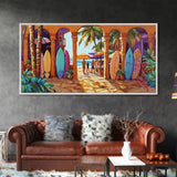 Surfboards Beach, Tropical, Colorful Life, Framed Canvas Print, Coastal Art, Entryway Wall Decor, Surf Shack Vibes, Tropical Summer