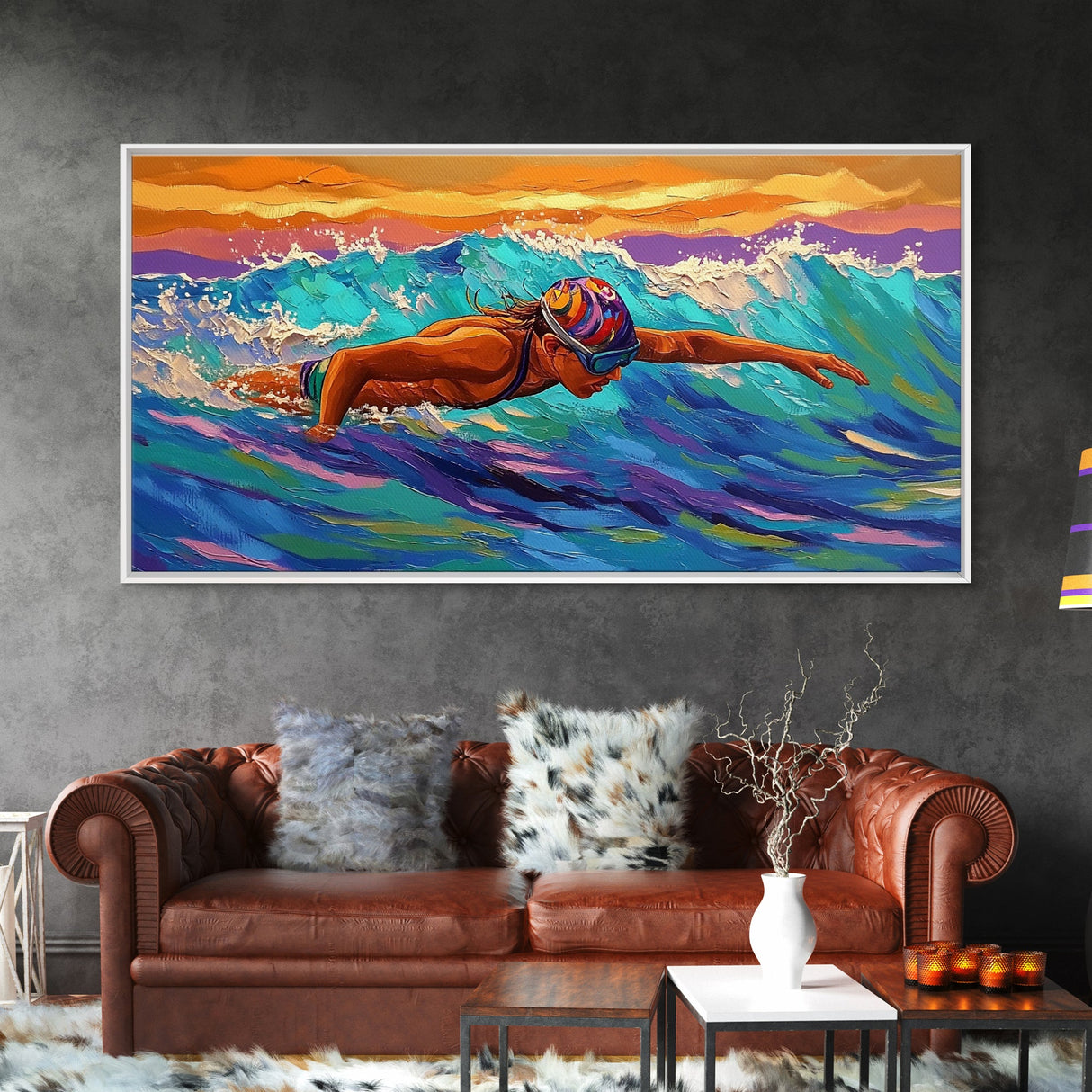 Swimmer Waves, Sunset, Athletic Art, Framed Canvas Print, Ocean Decor, Fitness Wall Art, Bedroom Inspiration, Bold Summer Style