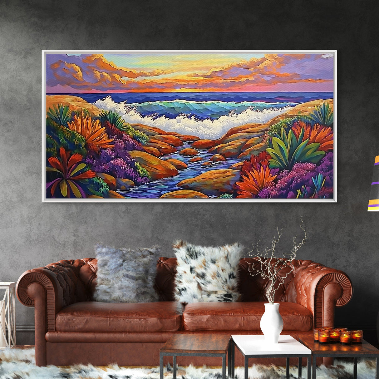 Sunset Ocean, Garden, View, Framed Canvas Print, coastal sunset wall art, tropical flowers, beach décor, boho landscape, living room