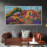 Villa Garden, Adobe, Colorful, Framed Canvas Print, vibrant Mexican villa wall art, blooming flowers, southwestern kitchen décor