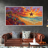 Beach Star, Flower, Sunset, Framed Canvas Print, beach sunset art with star, bold tropical flowers, palm trees, vivid sky, living room