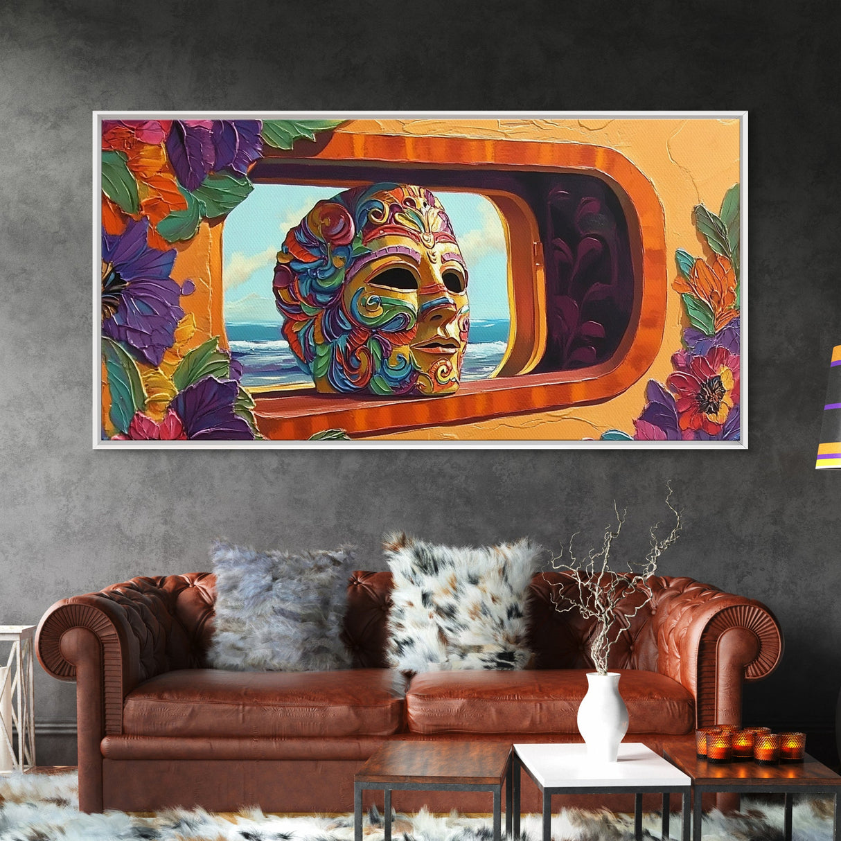Mask, Window, Flowers, Coastal, Vibrant mask ocean view, Framed Canvas Print, Fiesta Art, Colorful Mexican Decor, Dining Room Wall Art